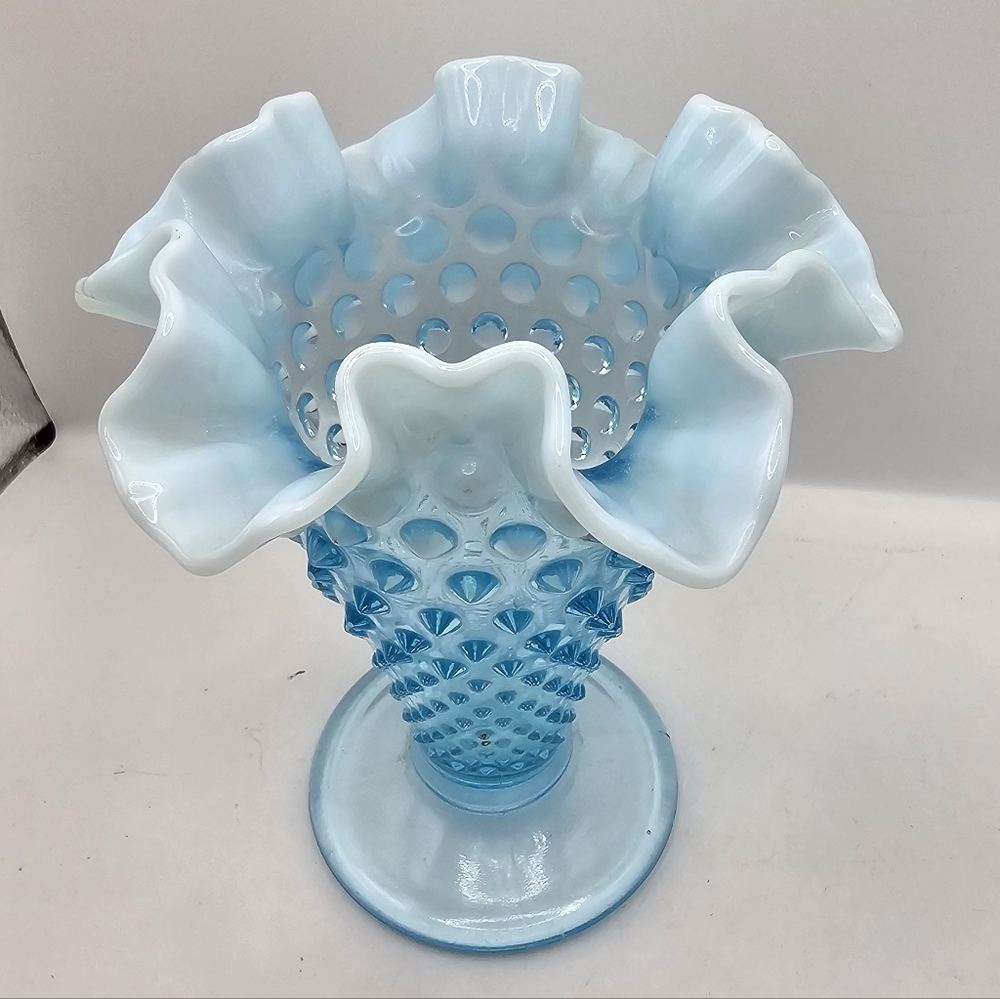 Vintage Blue Opaline Fenton Hobnail Glass Vase